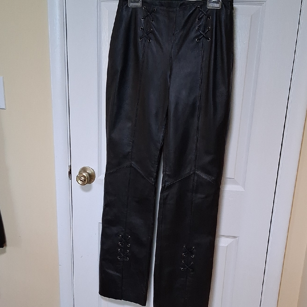 Black Leather Pants and Vest with Lace-Up Details